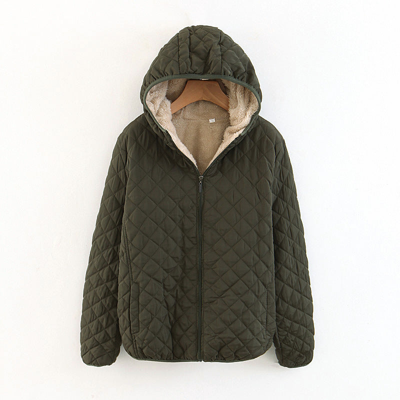 winter clothing Korean version slim and thin plaid lamb wool hooded closure thickened warm cotton-padded clothes women's plus size