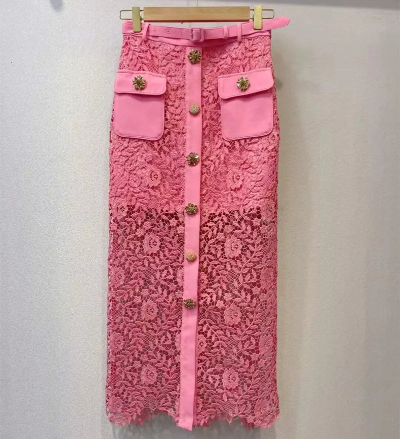 Two Piece Dress SS Sexy Hollow Out Floral Women Lace Pieces Sets Lapel Tops with Short Sling Lining Skirt Belt 230410
