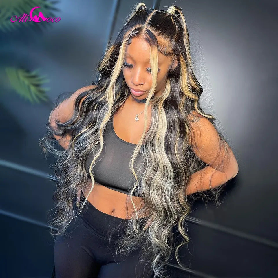 34 Inch Peruvian Hair Honey Blonde Wig 1B 27 Highlight Body Wave Lace Front Wigs Synthetic 13x4 Lace Frontal Wigs Preplucked For Women
