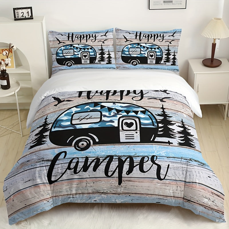 3pcs Camping Theme Duvet Cover Set, Fashion Forest Car Print Bedding Set, Soft Comfortable Duvet Cover, For Bedroom, Guest Room (1*Duvet Cover + 2*Pillowcase, Without Core)