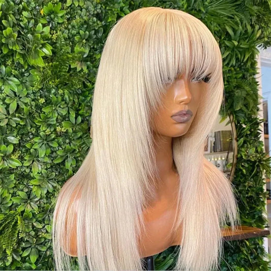 Brazilian Hair White Straight Wig with Bangs Fringe Bob Human Hair Wig with Bangs for Women Glueless Full Lace Front with Bangs