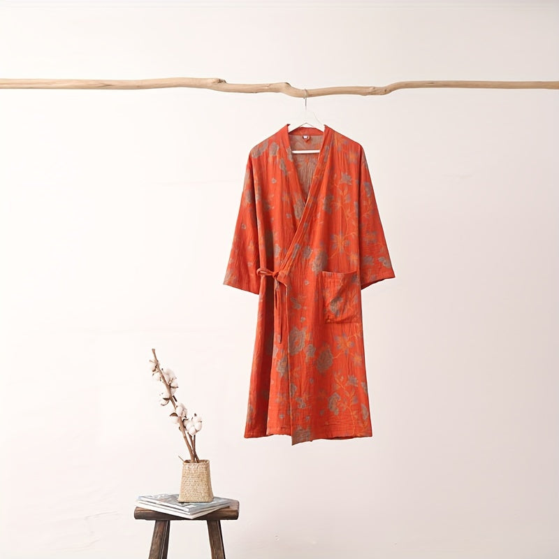 1pc Summer Women's Bathrobe, Absorbent Cotton Floral Printed Sleepwear, Super Soft Spa Robe, For Bathroom Bedroom Spa, Ideal Bathroom Supplies, Summer Accessories