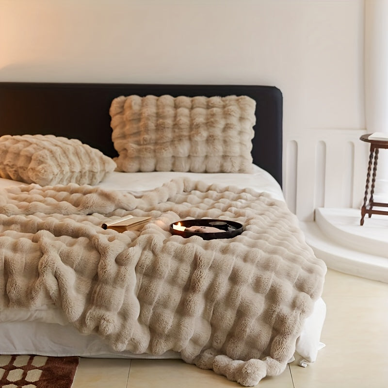 1pc Luxurious Faux Rabbit Fur Reversible Throw Blanket - Soft, Warm, Cozy, Versatile, and Lightweight for Office, Outdoor, Camping, Sofa, and Gift - Perfect for All Seasons and Occasions
