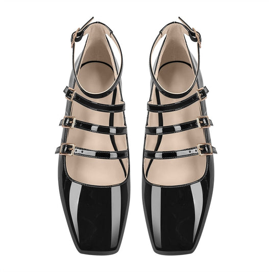 flowersverse - Women Flats Square Toe Patent Leather Mary Jane Strap Retro Elegant Big Size Daily Flats Pumps