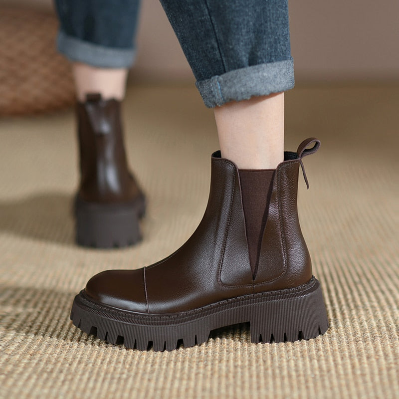flowersverse Autumn/Winter Fashion Women Boots Thick Heel Two Colors Retro Chelsea Boot Cow Leather Women Platform Boot Flat Women Shoes