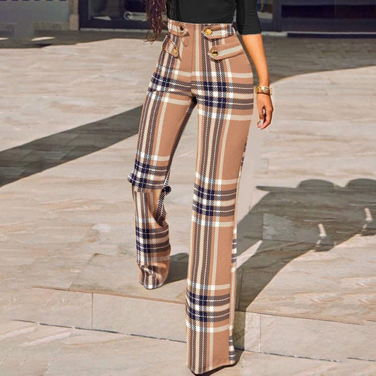 flowersverse Women Buttoned High Waist Wide Leg Tailored Pants Spring Casual Ladies Plaid Long Pencil Pants Elegant Trousers Overalls