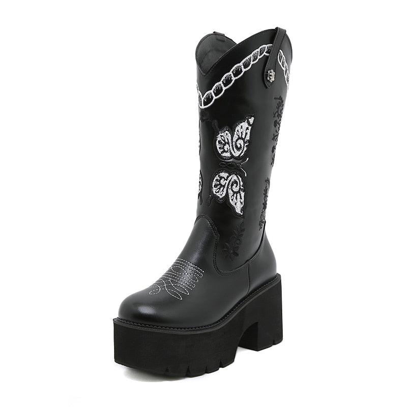Thanksgiving Amozae Retro Knight Cowboy Boots Woemn Butterfly Embroidered 2022 New Winter British Style Western Boots Platform Thick Heel