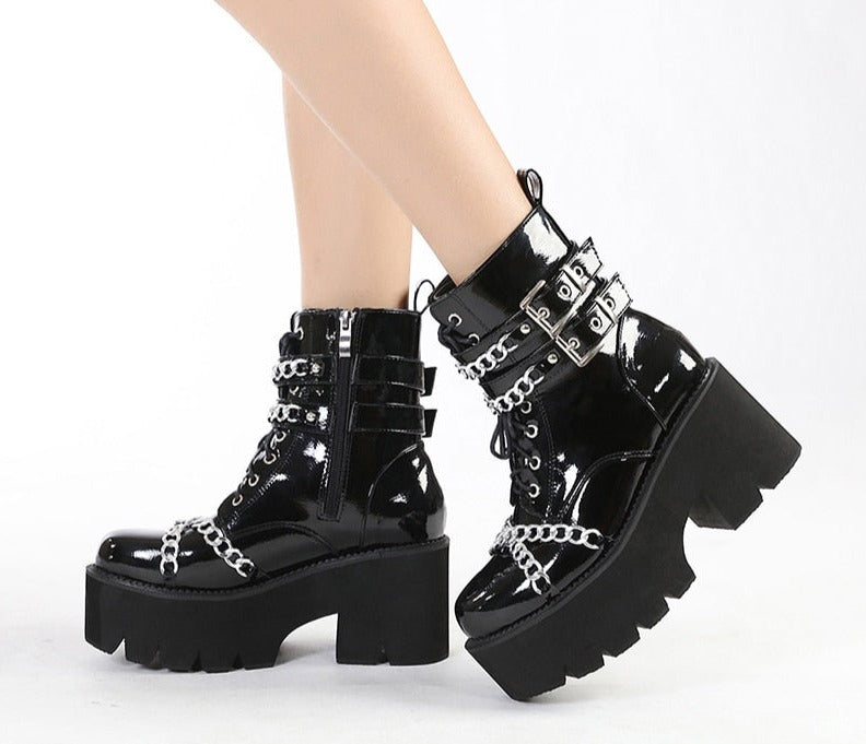 Thanksgiving flowersverse Women Shoes Boots Black Dark Cool Thick Bottom Platform Harajuku Shoes With Metal Chain Gothic Punk Girls Shoes Footwear