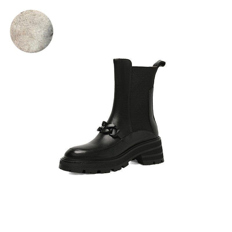 flowersverse Hot Genuine Leather Women Boots Fashion Chain Fastener Chelsea Boots Round Toe Chunky Heel Winter ANKLE Boots Women Shoes