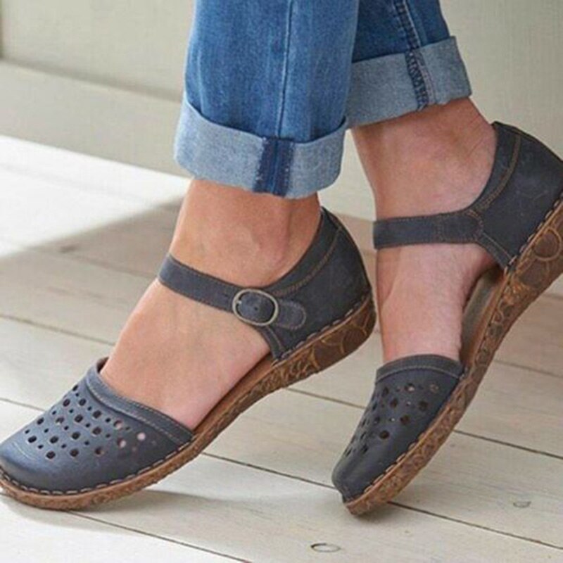 flowersverse New Women Round Toe Hollow-out Sandals Comfortable Soft Hook Loop Mary Jane Flat Sandal Breathable Non-slip For Summer