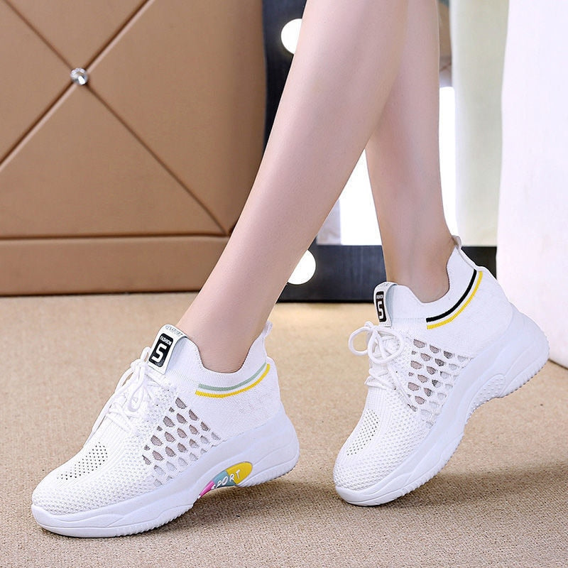 Amozae Women's Sneakers Spring Sequined Casual Shoes Women Platform Heels Wedges Height Increasing 2022 Knitted Ladies Vulcanized Shoes