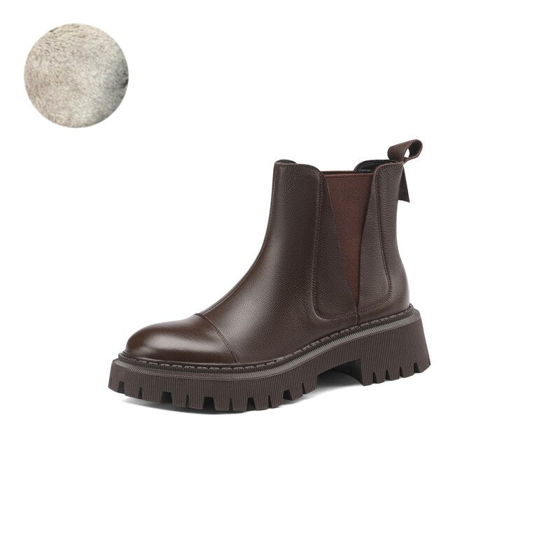 flowersverse Autumn/Winter Fashion Women Boots Thick Heel Two Colors Retro Chelsea Boot Cow Leather Women Platform Boot Flat Women Shoes