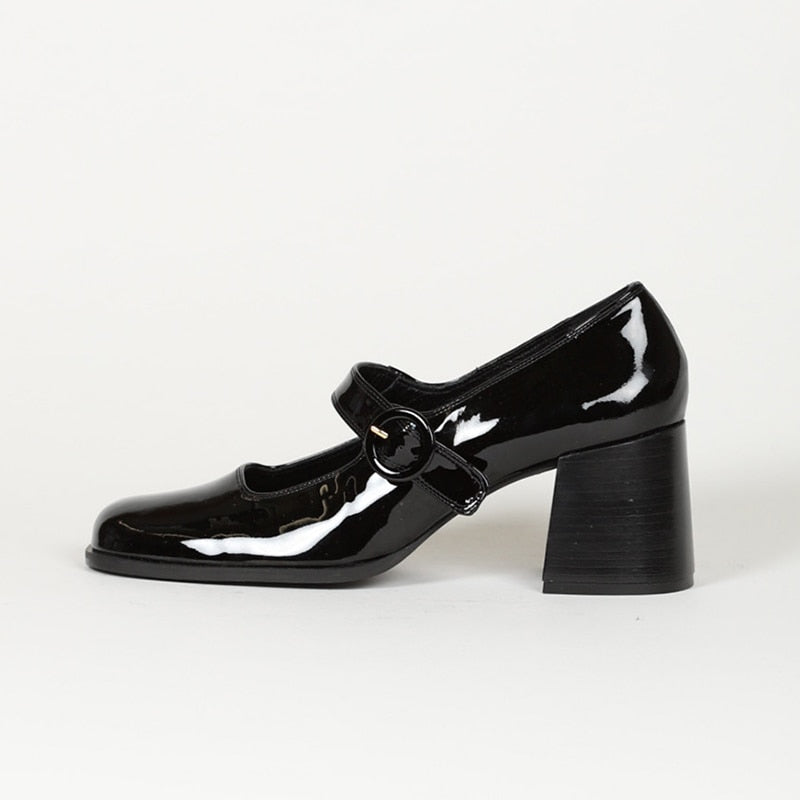 flowersverse - Woman¡®s New Mary Janes Shoes Genuine Leather Shallow Square heel Pumps Buckle Strap Round Toe Lady Footwear
