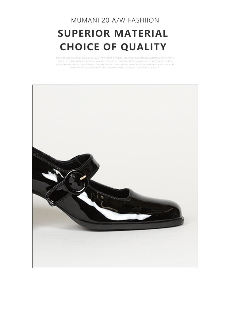flowersverse - Woman¡®s New Mary Janes Shoes Genuine Leather Shallow Square heel Pumps Buckle Strap Round Toe Lady Footwear