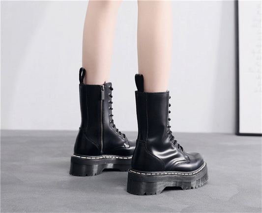 Amozae Brand Women Platform Boots Winter Genuine Leather Motorcycle Boot Wedges Female Lace Up Zipper Combat Boots Black High-Top Shoes