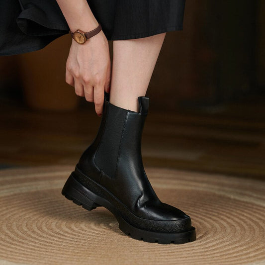 flowersverse New Women Boots Fashion Genuine Leather Slip-On Chelsea Boots Winter Round Toe Flat Heel Ankle Boots Handmade Women Shoes