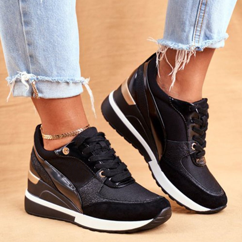 Amozae 2022 Autumn Women Sneakers Mesh Breathable Tennis Shoes For Ladies Lace-Up Outdoor Casual Chunky Wedges Shoes Females