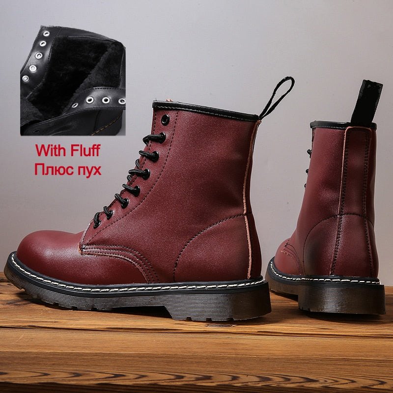 Amozae Women Boots Leather Shoes High Top Fashion Winter Warm Snow Shoes Motorcycle Men Boots Couple Unisex Booties Bottes Pour Femmes