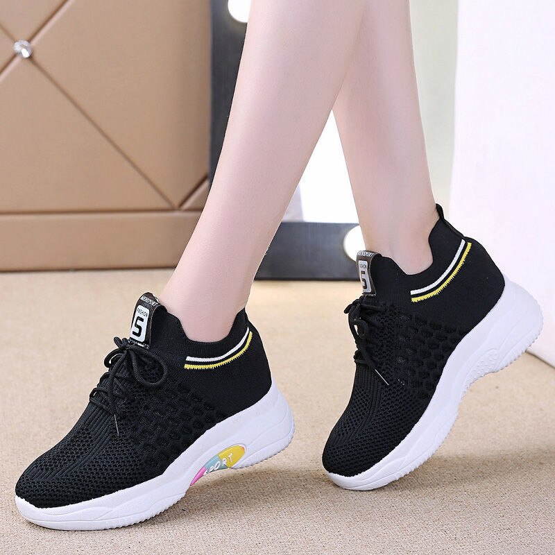Amozae Women's Sneakers Spring Sequined Casual Shoes Women Platform Heels Wedges Height Increasing 2022 Knitted Ladies Vulcanized Shoes