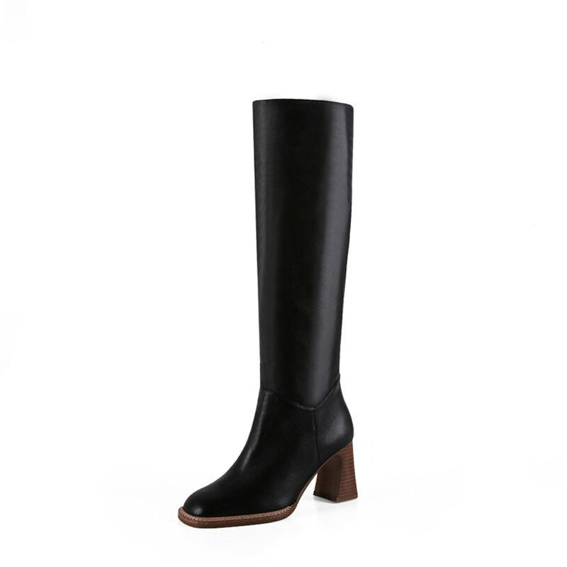 flowersverse Winter New Leather Knee-Length Boots Square Toe High Heel Women's Boots Square Heel Western Boots Women's Shoes