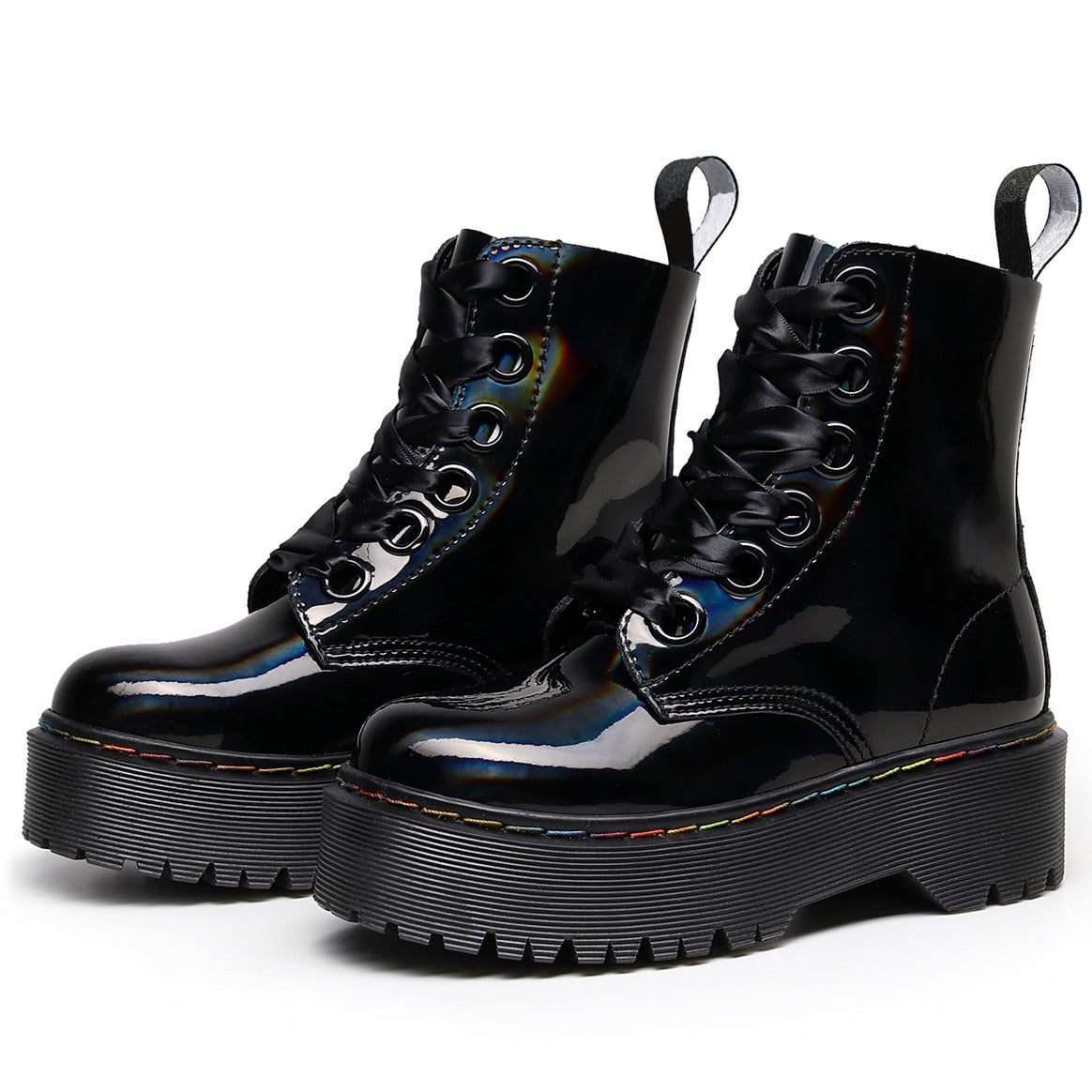 Amozae Women Platform Boots New Winter Ladies Heighten Punk Boot Female Chunky Shoes Bright Leather Flat Heels Booties Botas Mujer