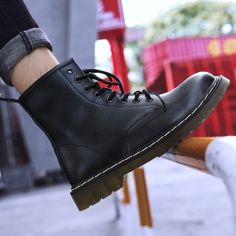 Amozae Women Boots Leather Shoes High Top Fashion Winter Warm Snow Shoes Motorcycle Men Boots Couple Unisex Booties Bottes Pour Femmes