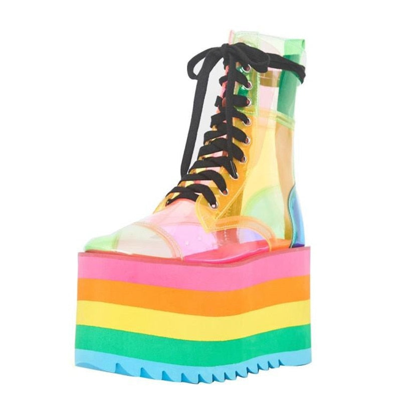 Black Friday Amozae New Platform Rainbow Boots Fashion Transparent PU Boots Sweet Girl Platform Shoes Super High Heel Candy Colors Sneakers Women