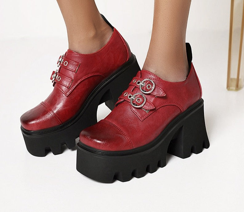 Amozae INS On Sale Lady Platform Buckle Block Heel Pumps Thick Sole Shoes For Women Vintage Goth Office Shoes