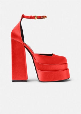 Amozae 14Cm Super High Heel Mary Janes Platform Square Toe Sandals Fashion Catwalk High Heels Pumps Runway Trendy Shoes Women Size 44