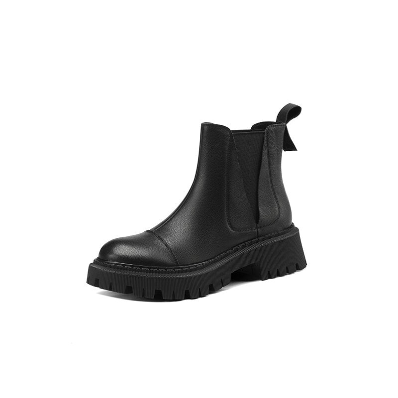 flowersverse Autumn/Winter Fashion Women Boots Thick Heel Two Colors Retro Chelsea Boot Cow Leather Women Platform Boot Flat Women Shoes