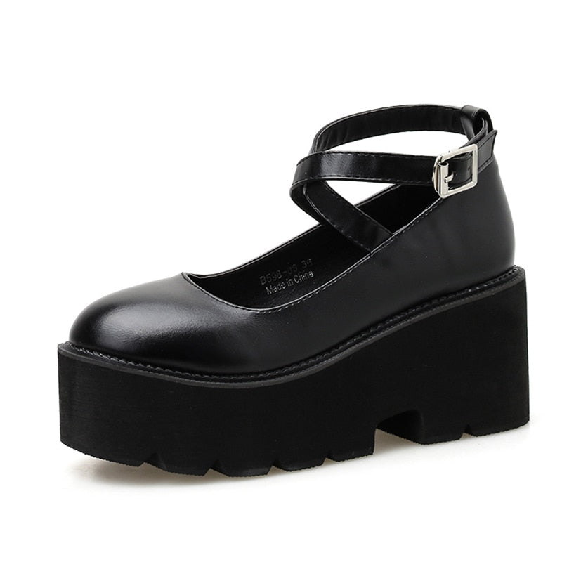 Thanksgiving Amozae College Student Shoes Girl LOLITA Shoes JK Uniform PU Leather Platform Heels Ankle Strap Womens Pumps 2022 New Spring