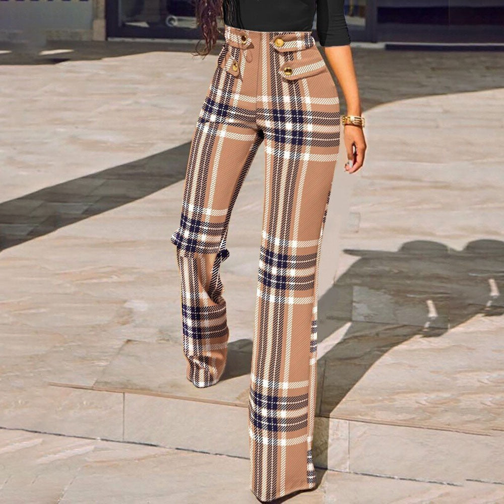 flowersverse Women Buttoned High Waist Wide Leg Tailored Pants Spring Casual Ladies Plaid Long Pencil Pants Elegant Trousers Overalls