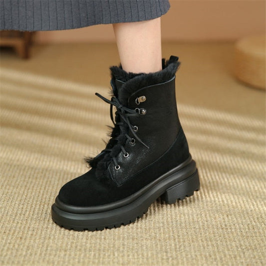 flowersverse Winter Fashion Women's Boots Wool Fur Boots Warm Women Short Shoes Lace Up Snow Boots Flat Bottom Casual Motorcycle Boots