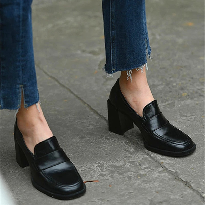 Amozae New Women's Single Shoes Solid Square-Toe Block Heel Ladies Sandals Korean Style Fashion Black Leather Female High Heels