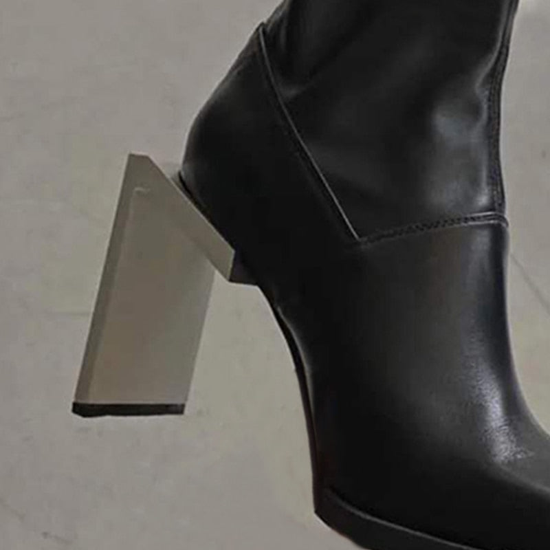Amozae 2022 New Autumn Winter Fashion Casual High Heel Back Zipper Square Head Strange Style Thin Leather Shoes Women Boots