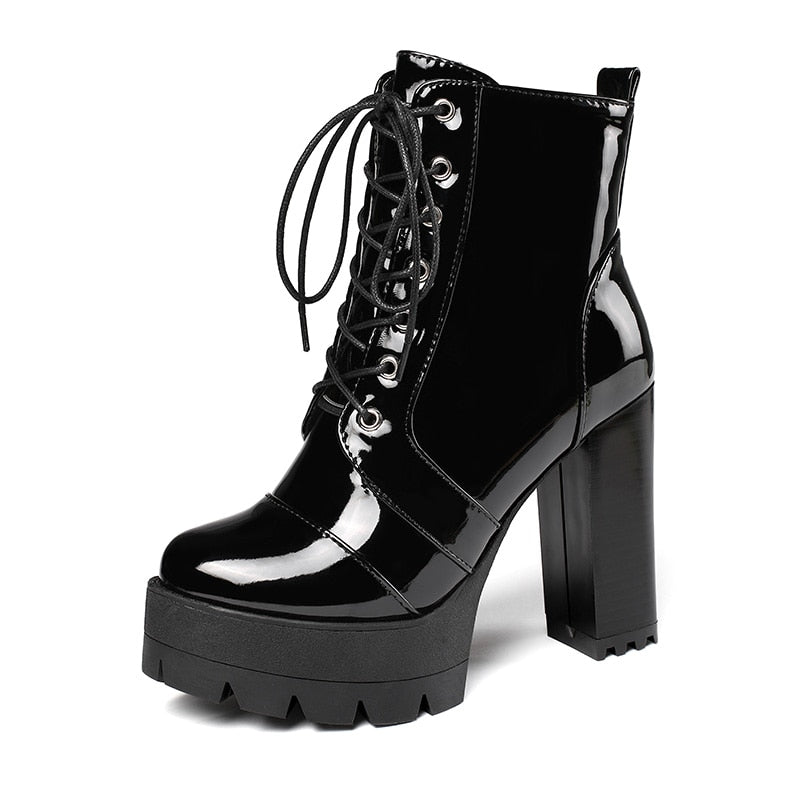 flowersverse Thick High Heeled Female Patent Leather Ankle Boots Round Toe Lace-Up Zipper Women Short Boots Gothic Women Shoes