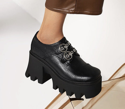 Amozae INS On Sale Lady Platform Buckle Block Heel Pumps Thick Sole Shoes For Women Vintage Goth Office Shoes