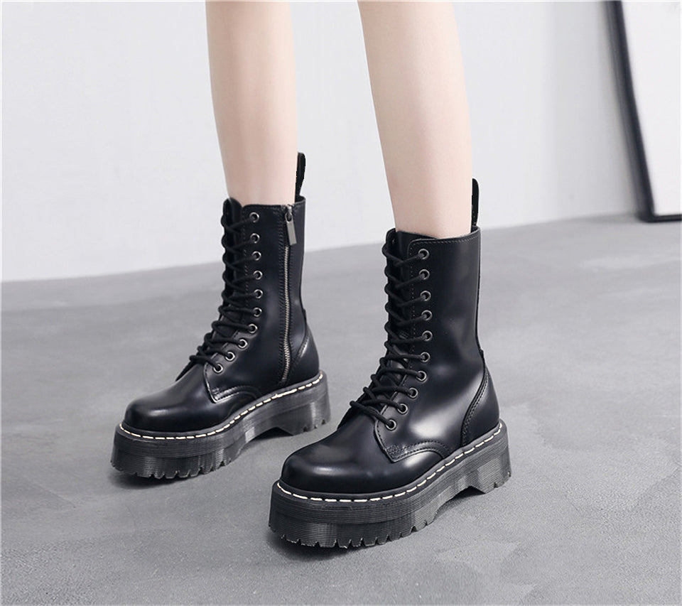 Amozae Brand Women Platform Boots Winter Genuine Leather Motorcycle Boot Wedges Female Lace Up Zipper Combat Boots Black High-Top Shoes