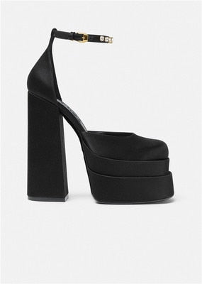 Amozae 14Cm Super High Heel Mary Janes Platform Square Toe Sandals Fashion Catwalk High Heels Pumps Runway Trendy Shoes Women Size 44