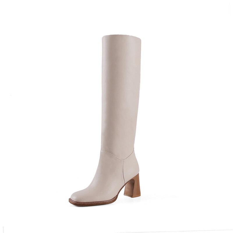 flowersverse Winter New Leather Knee-Length Boots Square Toe High Heel Women's Boots Square Heel Western Boots Women's Shoes