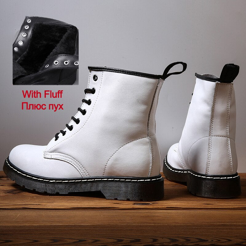 Amozae Women Boots Leather Shoes High Top Fashion Winter Warm Snow Shoes Motorcycle Men Boots Couple Unisex Booties Bottes Pour Femmes