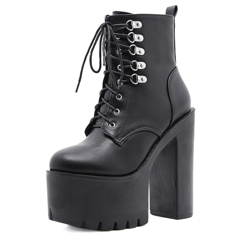 Thanksgiving flowersverse Ultra High Heels Women Motorcycle Boots Gothic Style Rivet Black Soft Leather Plaform Chunky Heel Punk Knight Boots