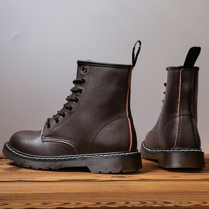 Amozae Women Boots Leather Shoes High Top Fashion Winter Warm Snow Shoes Motorcycle Men Boots Couple Unisex Booties Bottes Pour Femmes