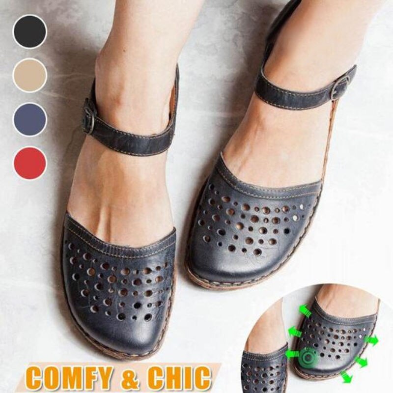 flowersverse New Women Round Toe Hollow-out Sandals Comfortable Soft Hook Loop Mary Jane Flat Sandal Breathable Non-slip For Summer