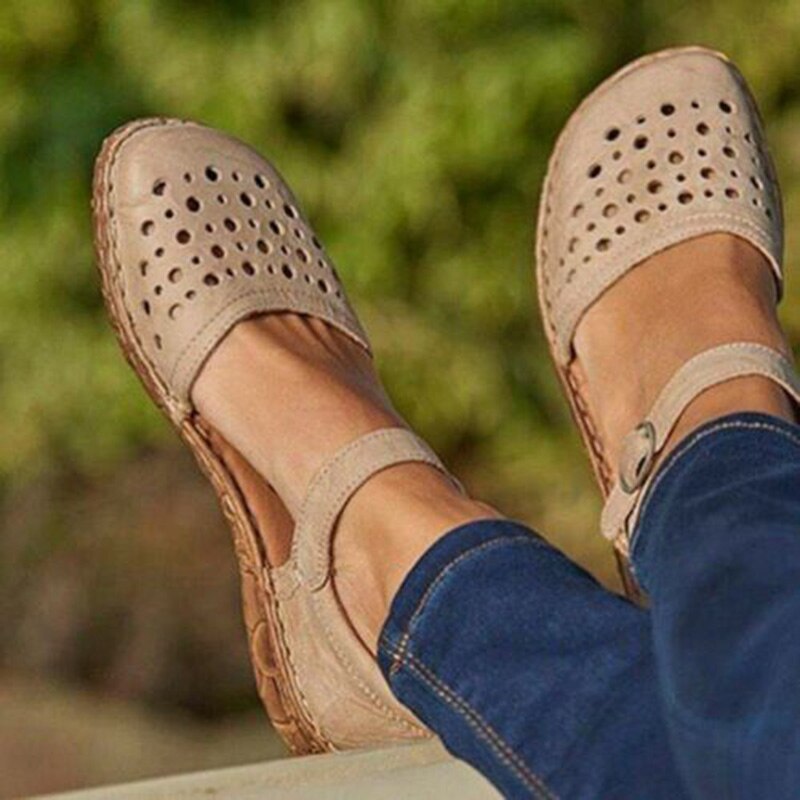 flowersverse New Women Round Toe Hollow-out Sandals Comfortable Soft Hook Loop Mary Jane Flat Sandal Breathable Non-slip For Summer