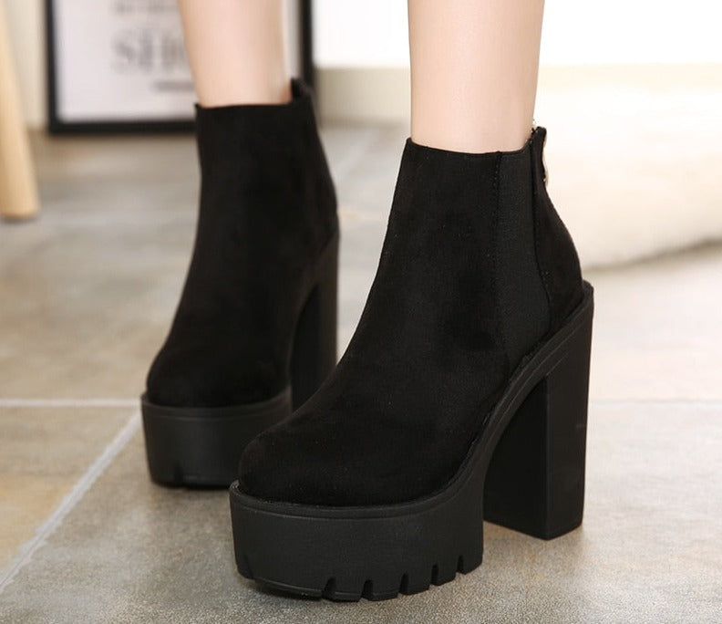 flowersverse Fashion Black Ankle Boots For Women Thick Heels Spring Autumn Flock Platform Shoes High Heels Black Zipper Ladies Boots