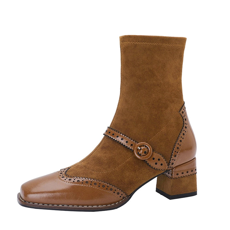 flowersverse Genuine Leather Mary Jane Women Boots Fashion Retro Buckle Ankle Boots Square Toe Thick Heel Handmade Autumn Winter Shoes Woman