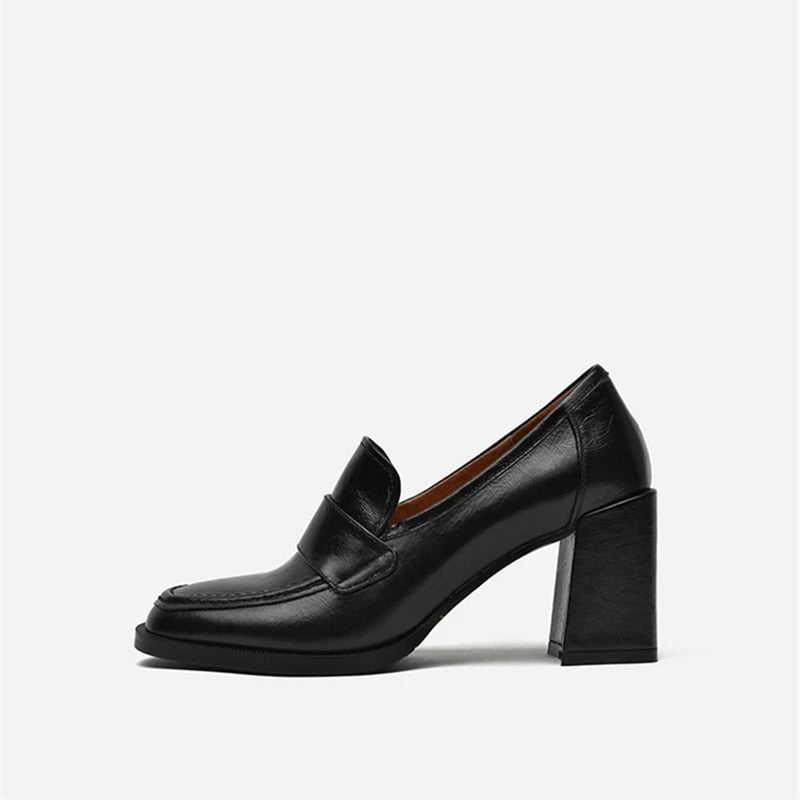 Amozae New Women's Single Shoes Solid Square-Toe Block Heel Ladies Sandals Korean Style Fashion Black Leather Female High Heels