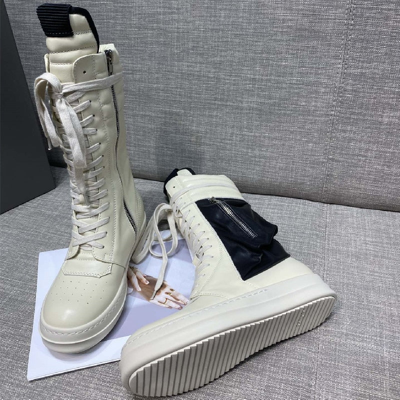 Black Friday Amozae Women Motorcycle Leather Boots Men Luxury Mid-Calf Winter Riding Boots Shoes Casual Zip Flats Black Real Leather Shoes Unisex