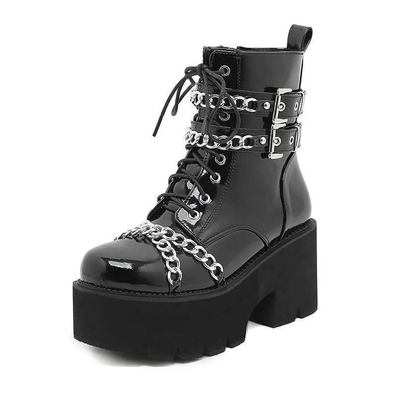 Thanksgiving flowersverse Women Shoes Boots Black Dark Cool Thick Bottom Platform Harajuku Shoes With Metal Chain Gothic Punk Girls Shoes Footwear